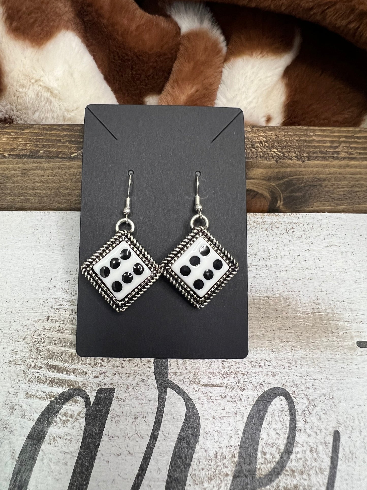 White Tooled Dice Earrings