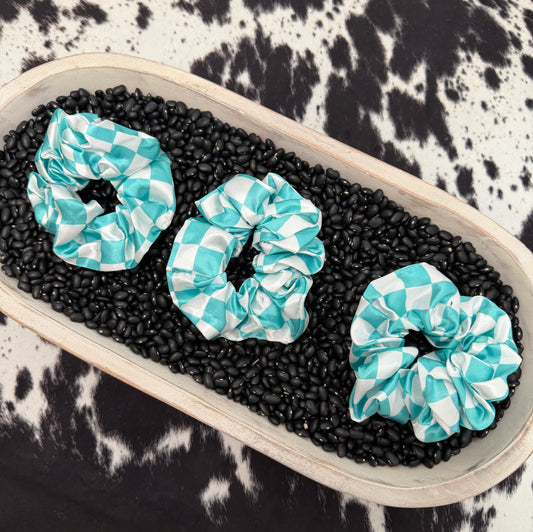 Teal Checkered Scrunchie