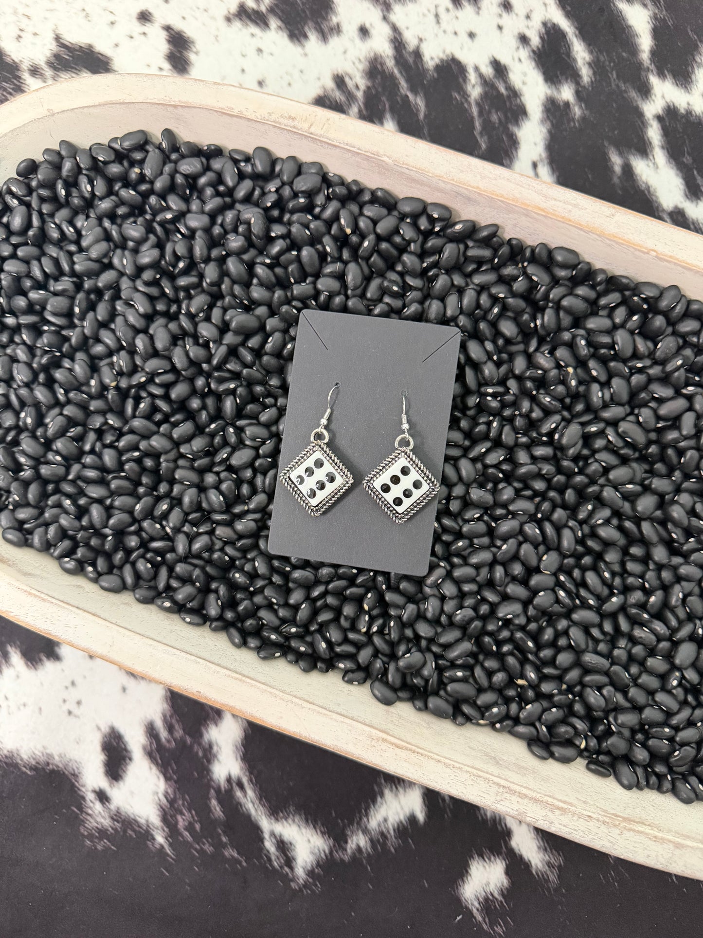 White Tooled Dice Earrings