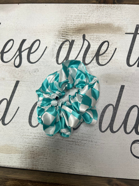 Teal Checkered Scrunchie